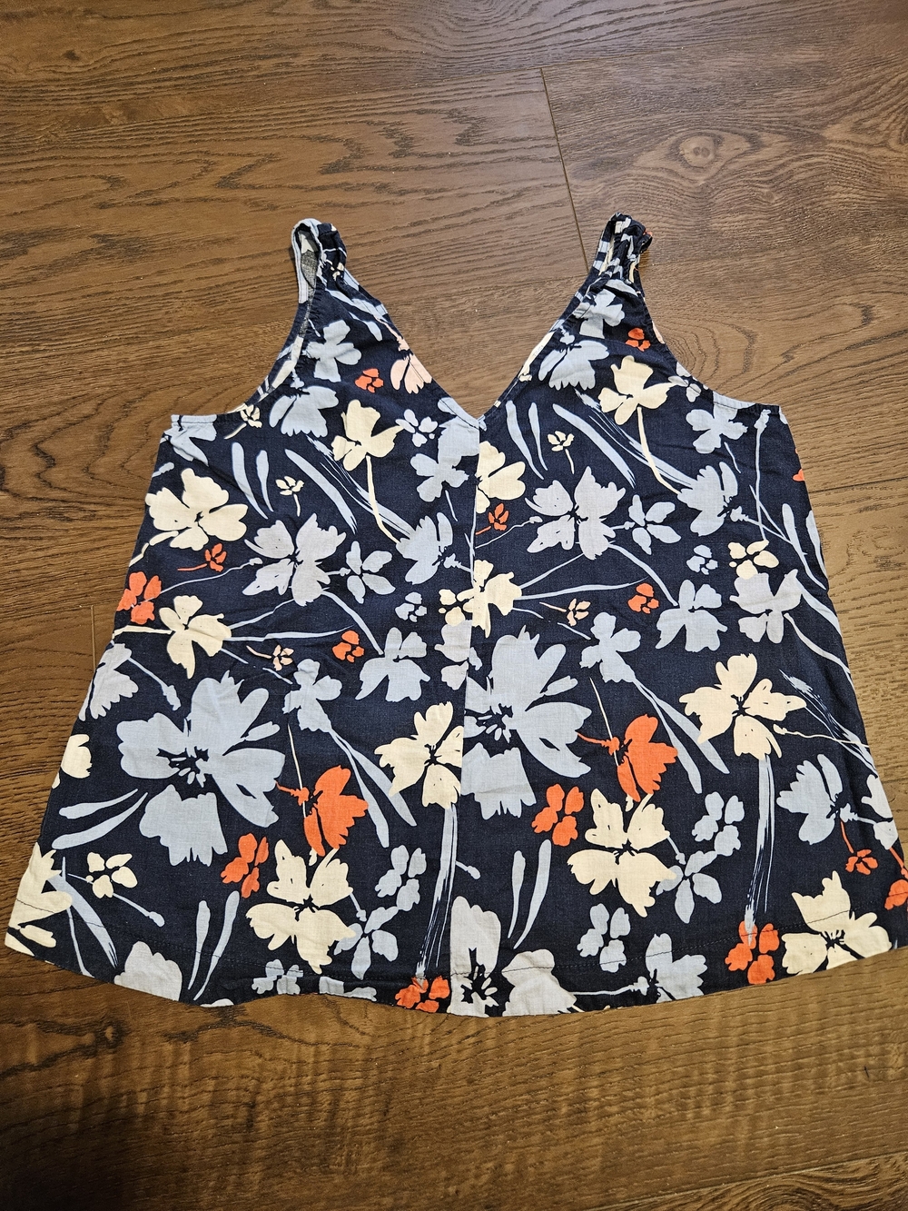 Time and Tru Navy Floral V-Neck Camisole with Cream & Coral Blooms